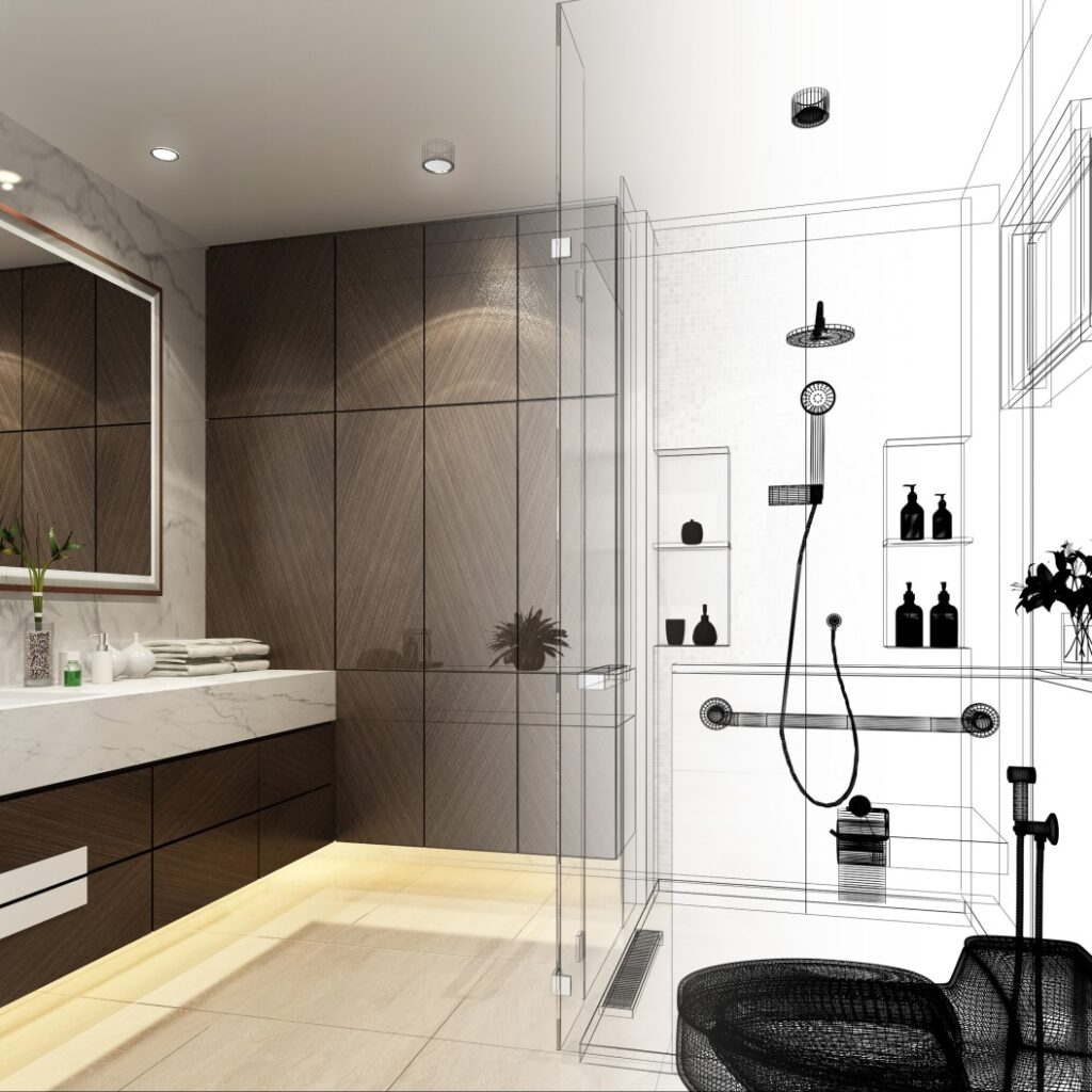 Abstrakte Skizze eines Innenbadezimmers, 3d Rendering