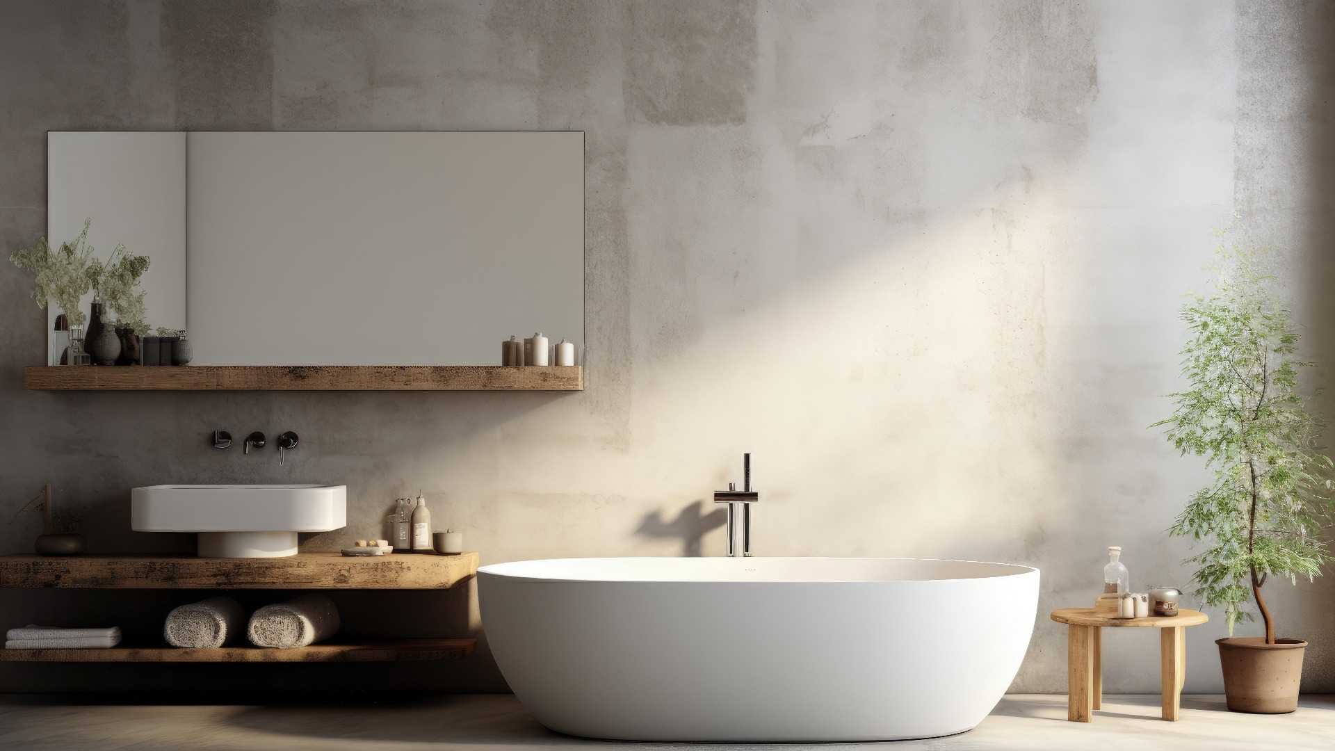 Badewanne an der Betonwand mit Fenster Waschbecken und Spiegel in der Nähe