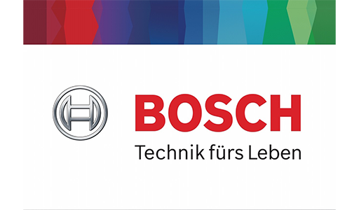 Bosch-Logo mit Slogan "Technik fürs Leben", Hintergrund in bunten, geometrischen Farben.