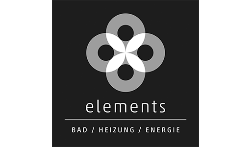 Schwarz-weißes Logo mit vier Kreisen und Text "elements: Bad, Heizung, Energie" darunter.