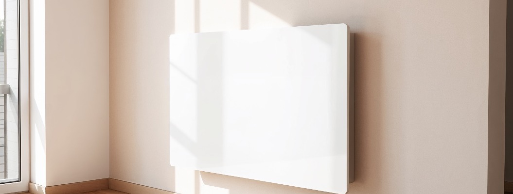 Glänzend weiße Infrarot-Wandheizung in einem hellen Raum mit Sonnenlicht