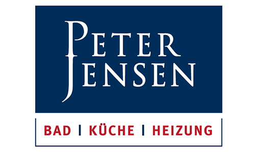 Peter Jensen Logo in weißem Text auf blauem Hintergrund mit rotem Text "Bad Küche Heizung".